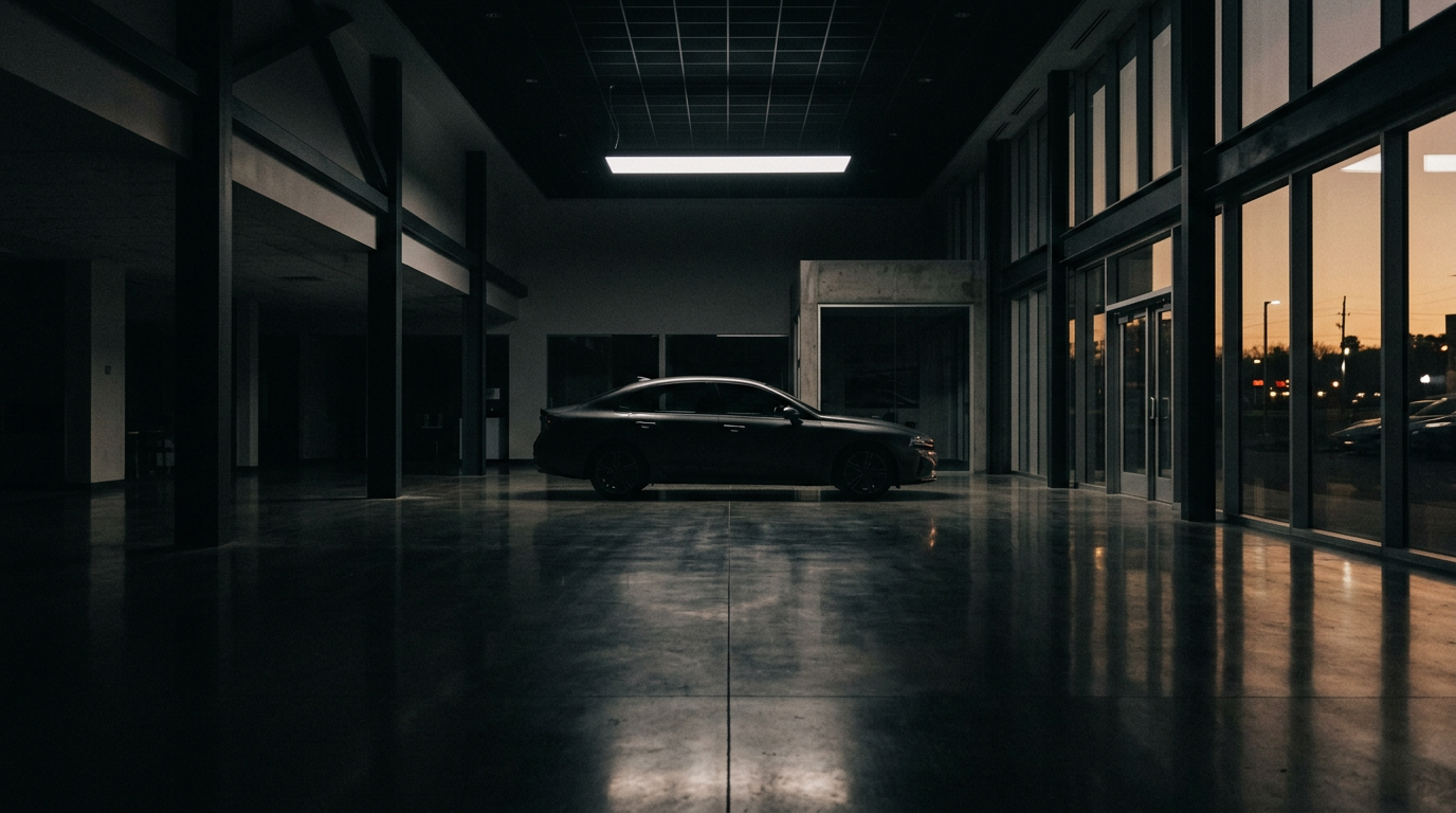 Empty dealership showroom at dusk, one car under a single overhead light