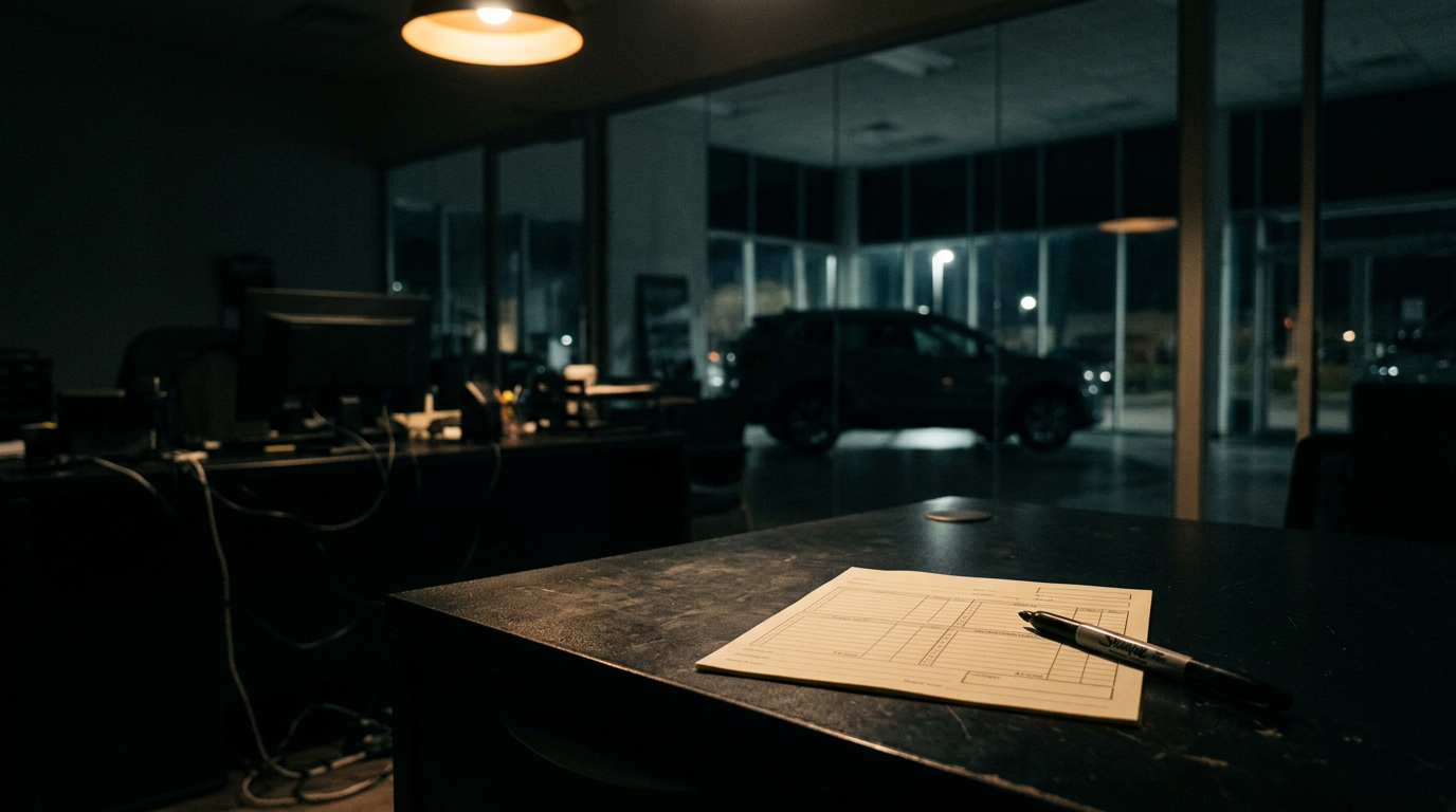 A dealership sales desk at night with an inspection card and a marker under a single overhead light